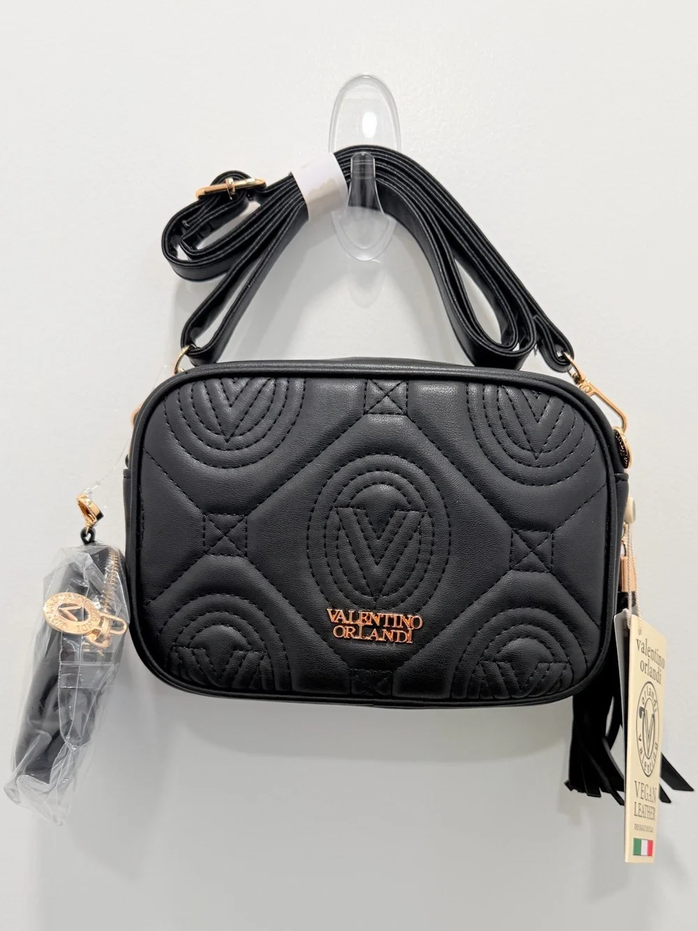 Valentino Orlandi Black Quilted Camera Crossbody with Tassel